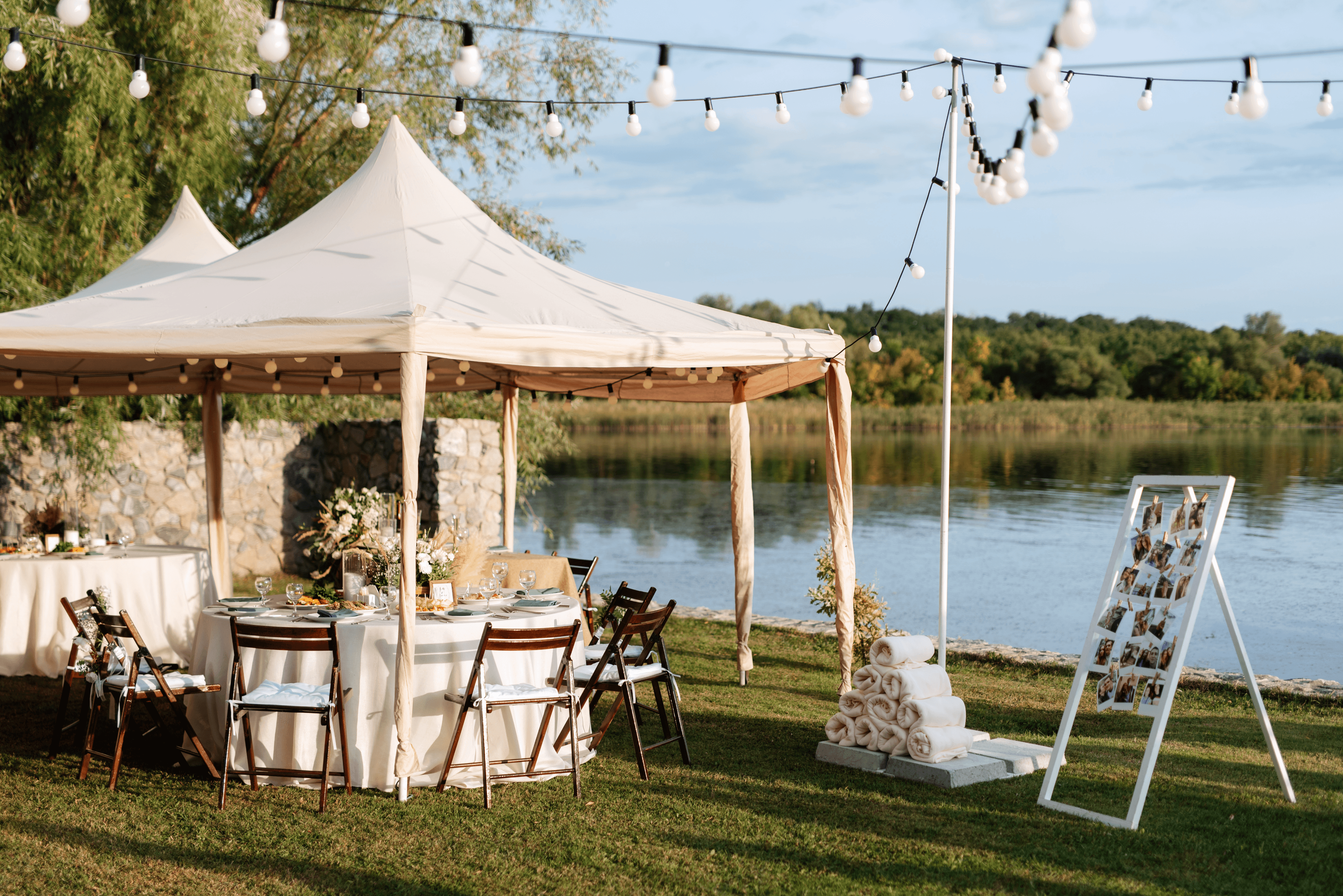 Lakeside wedding tent setup